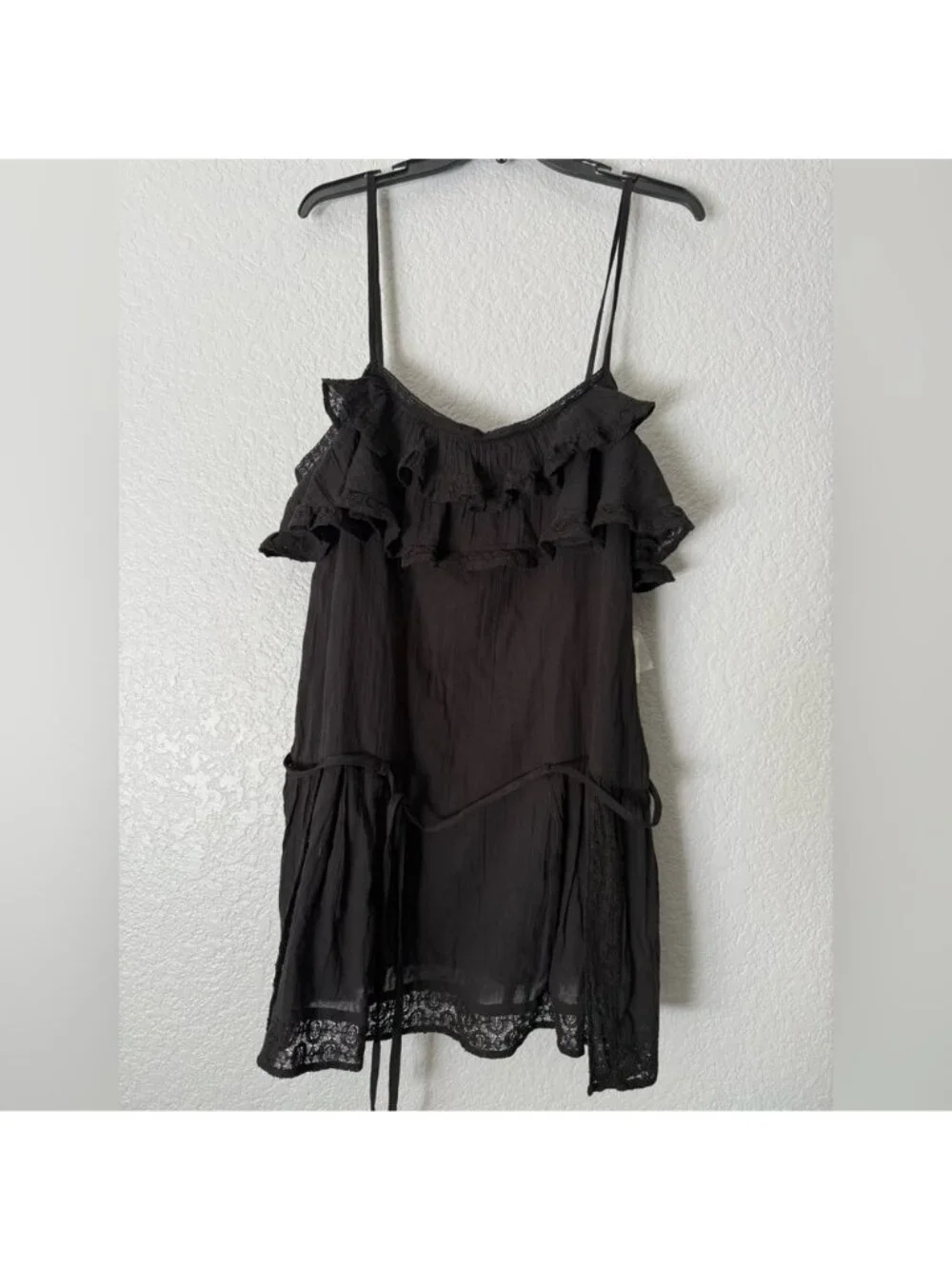 Free People Women's Black Ruffle Swim Cover Up Tunic Cotton Size L